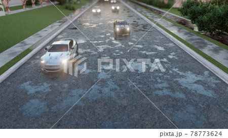 Modern sports cars take part in competitions and rush at high speed along the highway. A modern car drives fast on an asphalt road. The image is for sport or auto backgrounds. 3D Rendering. Modern sports cars take part in competitions and rush at high speed along the highway. A modern car drives fast on an asphalt road. The image is for sport or auto backgrounds. 3D Rendering. 78773624