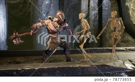 An ancient formidable warrior fights terrible skeletons in a stone castle. The image is designed for military, historical and fantasy backgrounds. 3D Rendering. 78773655