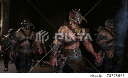 Ancient strong warriors return home after battle. The image is designed for military, historical and fantasy backgrounds. 3D Rendering. 78773663