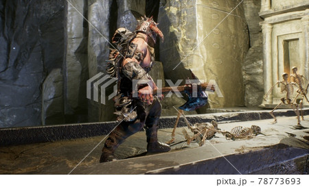 An ancient formidable warrior fights terrible skeletons in a stone castle. The image is designed for military, historical and fantasy backgrounds. 3D Rendering. An ancient formidable warrior fights terrible skeletons in a stone castle. The image is designed for military, historical and fantasy backgrounds. 3D Rendering. 78773693