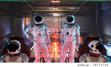 Astronauts travel in space in their interstellar spacecraft. The image is for fantastic, the futuristic or space travel backgrounds. View of the spaceship with an astronaut. 3D Rendering. 78773729