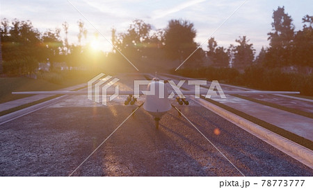 A military spy drone stands on the road waiting for takeoff. The image is for military, the weapon or spying backgrounds. View of a military drone spy ready for military action. 3D Rendering. 78773777