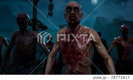 A group of scary zombies awaits their new victims in a creepy village. The image for fantasy, creepy and fiction backgrounds. 3D Rendering. View of an zombies village. A group of scary zombies awaits their new victims in a creepy village. The image for fantasy, creepy and fiction backgrounds. 3D Rendering. View of an zombies village. 78773817