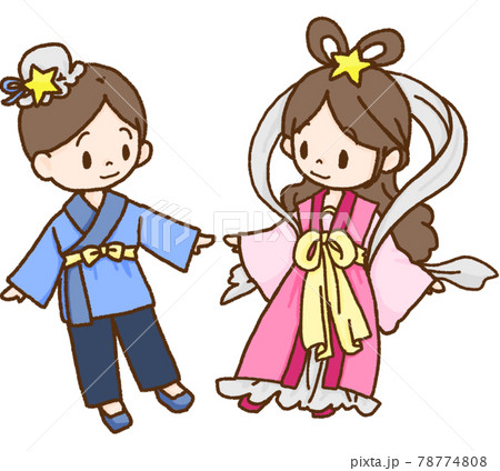 七夕のかわいい織姫と彦星のイラスト素材