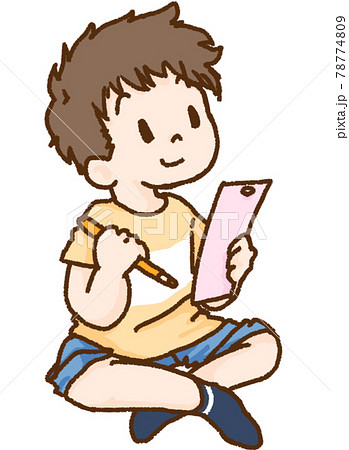 七夕の短冊に願い事を書く男の子のイラスト素材