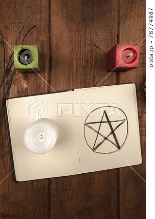 Overhead photo of open grimoire and candles, Wicca symbols Overhead photo of open grimoire and candles, Wicca symbols 78774987