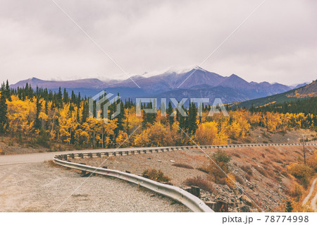 Alaska road trip in Autumn. Highway with mountains in background. 78774998