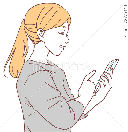 スマホを見る女性の横顔 シンプルカラー のイラスト素材