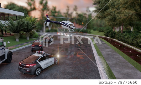 A helicopter with journalists or investigators flew in to investigate a recent crime. Scene with police vehicles parked on wet asphalt. The image is for criminal or news backgrounds. 3D Rendering. A helicopter with journalists or investigators flew in to investigate a recent crime. Scene with police vehicles parked on wet asphalt. The image is for criminal or news backgrounds. 3D Rendering. 78775660