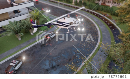 A helicopter with journalists or investigators flew in to investigate a recent crime. Scene with police vehicles parked on wet asphalt. The image is for criminal or news backgrounds. 3D Rendering. 78775661