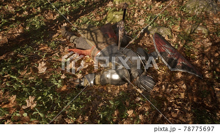 A brave wounded knight lies on the battlefield. View of a medieval knight wounded in battle. The image is for historical, medieval or military backgrounds. 3D Rendering. 78775697