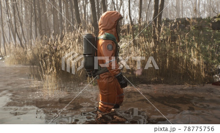 An ecologist in a special suit arrived on his inflatable boat to the site of pollution of the reservoir to assess the degree of pollution. 3D Rendering. An ecologist in a special suit arrived on his inflatable boat to the site of pollution of the reservoir to assess the degree of pollution. 3D Rendering. 78775756