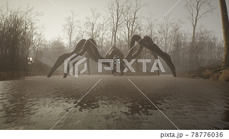 A creepy spider monster stands in the middle of a lake in a misty, deserted forest. Mystical nightmare concept. 3D Rendering. A creepy spider monster stands in the middle of a lake in a misty, deserted forest. Mystical nightmare concept. 3D Rendering. 78776036