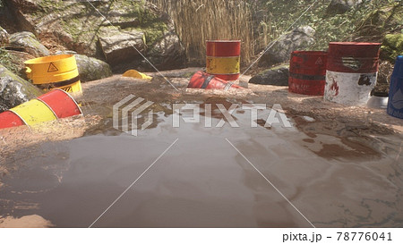 The toxic swamp is littered with barrels of chemicals that pollute and poison the environment. Polluted environment concept. 3D Rendering. The toxic swamp is littered with barrels of chemicals that pollute and poison the environment. Polluted environment concept. 3D Rendering. 78776041