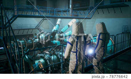 Scientists watch the work of a time machine or a futuristic thermonuclear reactor. A physicist controls a time machine. 3D Rendering. Scientists watch the work of a time machine or a futuristic thermonuclear reactor. A physicist controls a time machine. 3D Rendering. 78776642