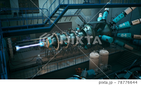 Scientists watch the work of a time machine or a futuristic thermonuclear reactor. A physicist controls a time machine. 3D Rendering. Scientists watch the work of a time machine or a futuristic thermonuclear reactor. A physicist controls a time machine. 3D Rendering. 78776644