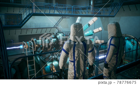 Scientists watch the work of a time machine or a futuristic thermonuclear reactor. A physicist controls a time machine. 3D Rendering. Scientists watch the work of a time machine or a futuristic thermonuclear reactor. A physicist controls a time machine. 3D Rendering. 78776675