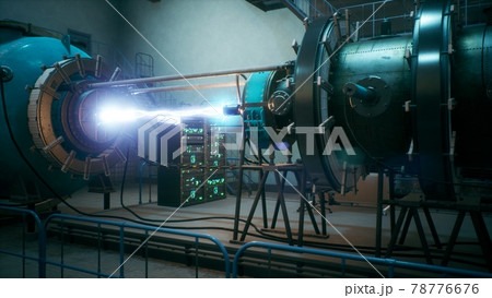 Scientists watch the work of a time machine or a futuristic thermonuclear reactor. A physicist controls a time machine. 3D Rendering. 78776676