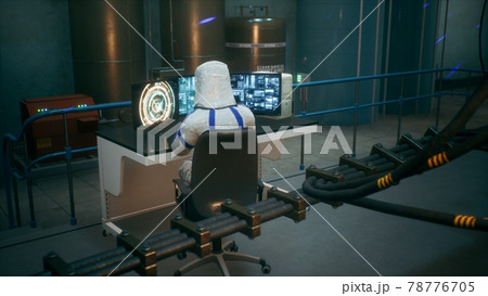 A Sci-Fi laboratory with a control room for a time machine or a thermonuclear reactor. A physicist controls a time machine. 3D Rendering. 78776705