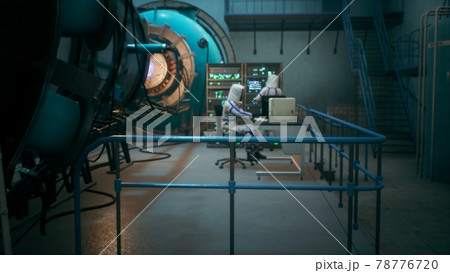 Scientists watch the work of a time machine or a futuristic thermonuclear reactor. A physicist controls a time machine. 3D Rendering. 78776720