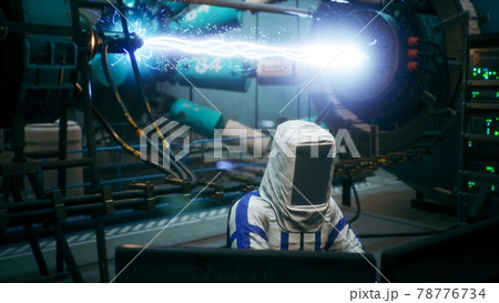 Scientists watch the work of a time machine or a futuristic thermonuclear reactor. A physicist controls a time machine. 3D Rendering. Scientists watch the work of a time machine or a futuristic thermonuclear reactor. A physicist controls a time machine. 3D Rendering. 78776734