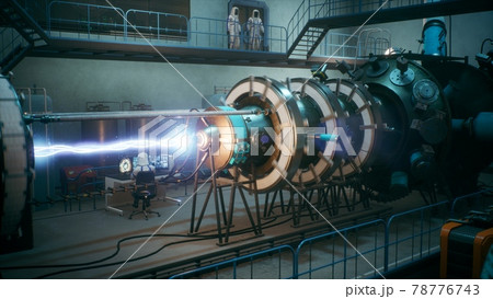 Scientists watch the work of a time machine or a futuristic thermonuclear reactor. A physicist controls a time machine. 3D Rendering. 78776743