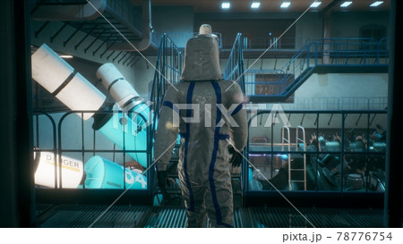 Scientists watch the work of a time machine or a futuristic thermonuclear reactor. A physicist controls a time machine. 3D Rendering. 78776754