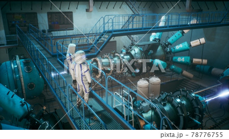 Scientists watch the work of a time machine or a futuristic thermonuclear reactor. A physicist controls a time machine. 3D Rendering. 78776755