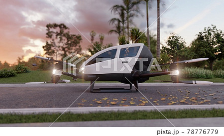 An air taxi in unmanned mode takes off and goes to its destination. View of an unmanned aerial passenger vehicle. 3D Rendering. An air taxi in unmanned mode takes off and goes to its destination. View of an unmanned aerial passenger vehicle. 3D Rendering. 78776779