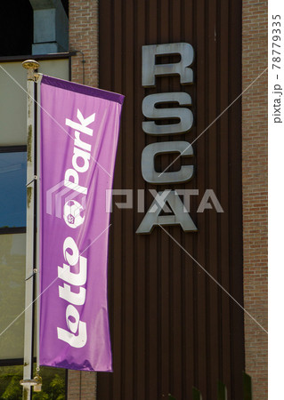 Belgium, Logo of the football club Anderlecht. Facade of the stadium and the flag of Lotto Park 78779335