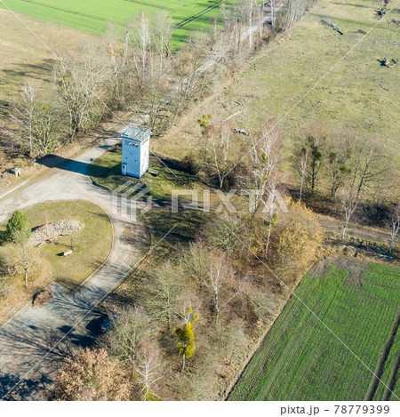 Oblique aerial photograph of a former watchtower at the inner-German border between the Federal Republic of Germany and the German Democratic Republic. 78779399