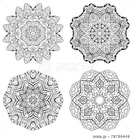 Hand drawn zentangle set of 4 mandalas for coloring page. Hand drawn zentangle set of 4 mandalas for coloring page. 78780449