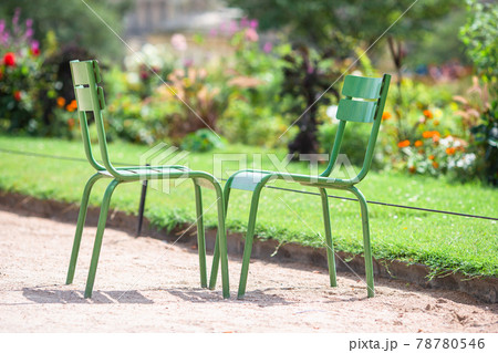 Traditional green chairs in the Tuileries garden in Paris, France Traditional green chairs in the Tuileries garden in Paris, France 78780546