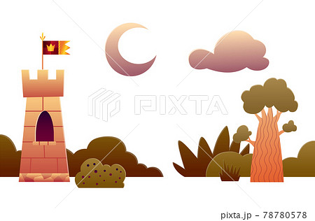 Theater stage scenery. Vector cartoon illustration of theatre scene with decorations. Elements for a children story about an ancient kingdom with a castle 78780578