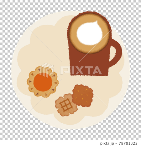 コーヒーブレイク_カフェラテとクッキーのプレート_クレヨンタッチ 78781322