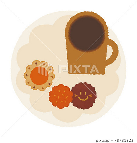 コーヒーブレイク ホットコーヒーとクッキーのプレート クレヨンタッチのイラスト素材