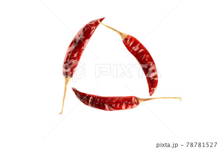 Three dry hot pepper pods isolated on white background. 78781527