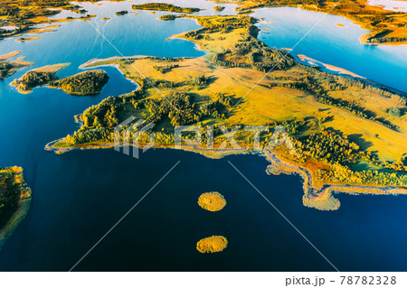 Braslaw Or Braslau, Vitebsk Voblast, Belarus. Aerial View Of Nedrava Lake And Green Forest Landscape In Sunny Autumn Morning. Top View Of Beautiful European Nature From High Attitude. Bird's Eye View 78782328