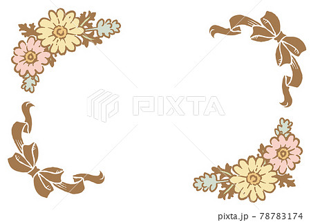 アンティークなお花とリボンの装飾フレームのイラスト素材