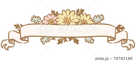 アンティークなお花とリボンの装飾フレームのイラスト素材