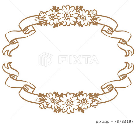 アンティークなお花とリボンの装飾フレームのイラスト素材