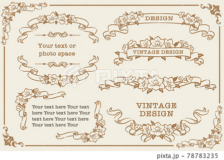 アンティークなお花とリボンの装飾フレーム、飾り罫、オーナメントの