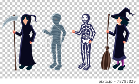 アイソメトリックハロウィンキャラクター 死神 ミイラ男 骸骨 魔女のイラスト素材 7879