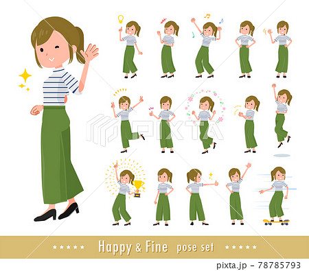 元気なポーズをしているカジュアルファッション女性のセットのイラスト素材