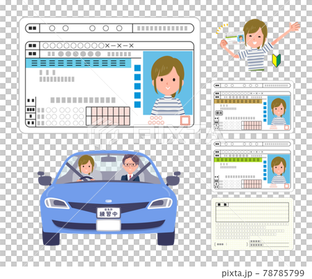 運転免許証を取得するカジュアルファッション女性のセット 78785799