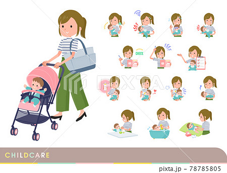 赤ちゃんのお世話をするカジュアルファッション女性のセット 78785805