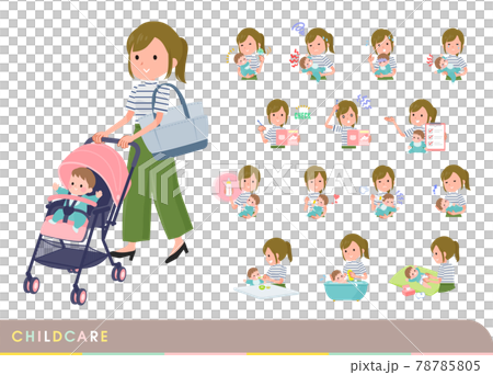 赤ちゃんのお世話をするカジュアルファッション女性のセット 78785805