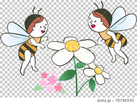 花に集まるミツバチたちのイラスト素材