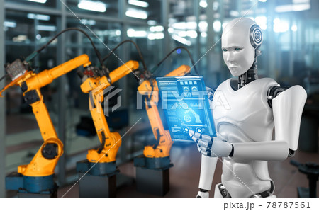 Mechanized industry robot and robotic arms for assembly in factory production . Mechanized industry robot and robotic arms for assembly in factory production . 78787561