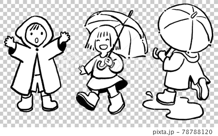 梅雨を楽しむ子どもたちのイラスト 白黒 のイラスト素材 7871